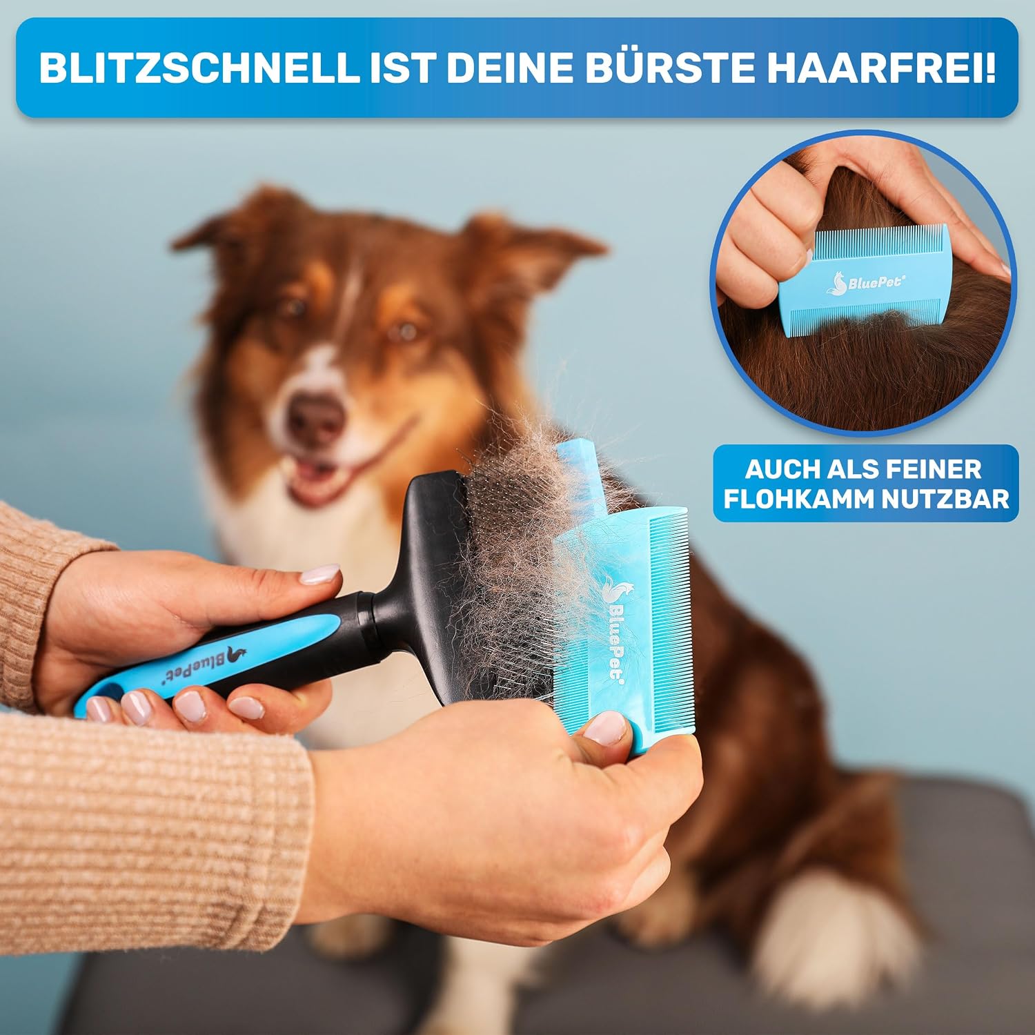Detalle de BluePet ZupfZeug Pro – Professionelle Doppelkopf-Hundebürste für Langhaar mit flexiblem Kopf