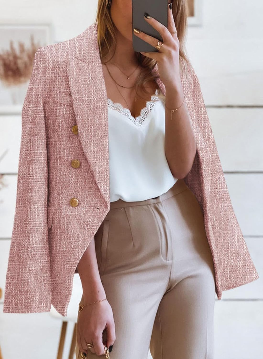Detalle 2 de Happy Sailed Womens Tweed Blazer casual double-breasted jacket