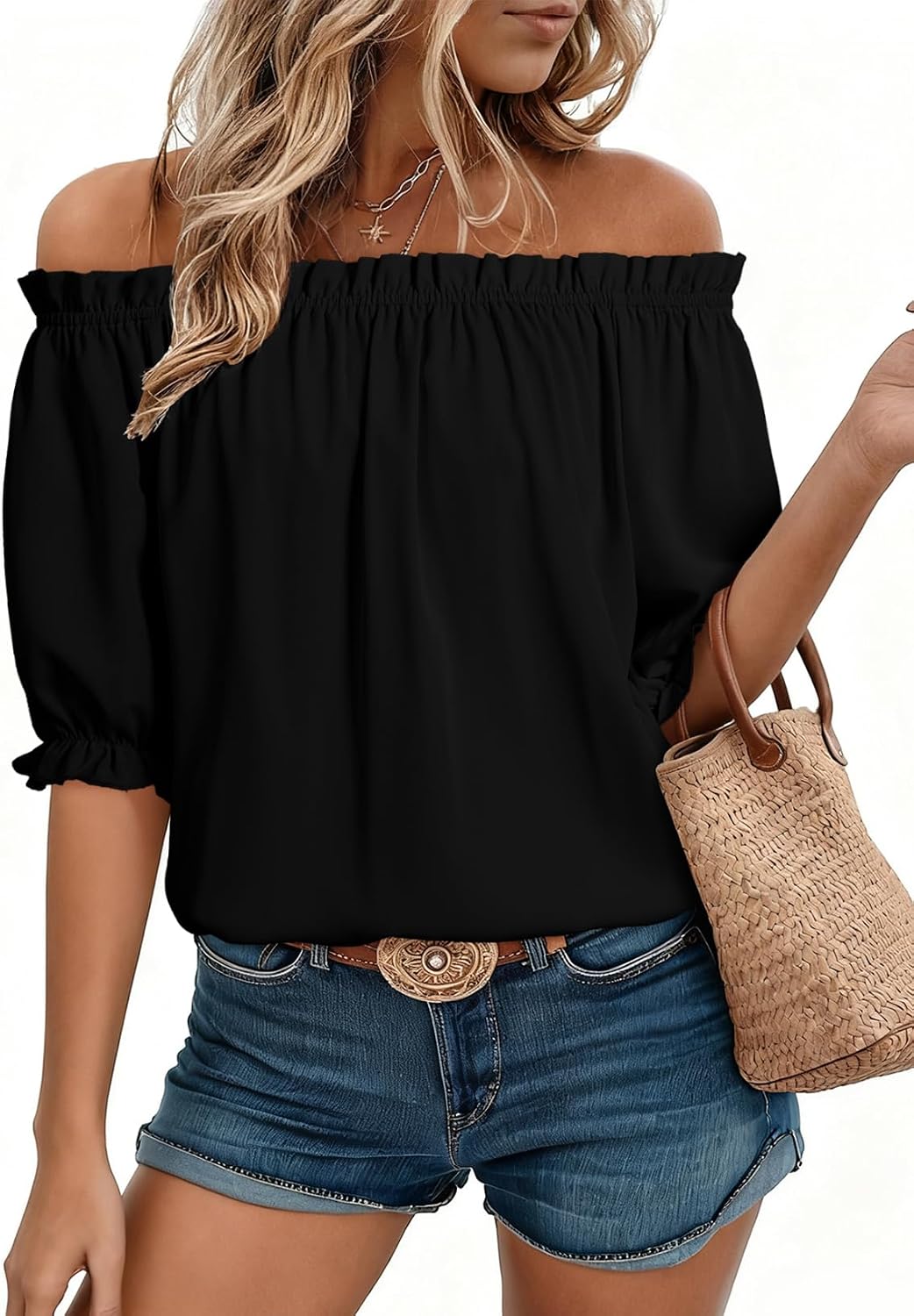 Detalle de EVALESS Off the Shoulder Blouse for Women — Dressy Casual Puff Sleeve Top (2026)