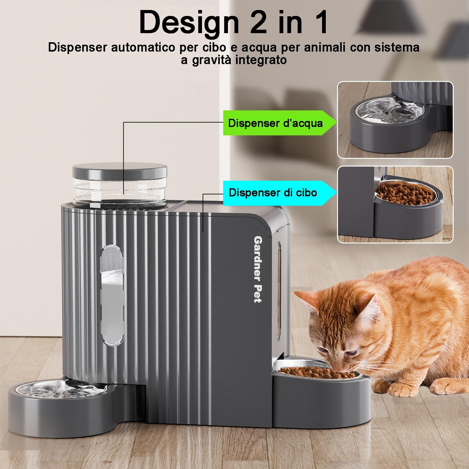 Thumbnail 1 de Gardner Pet distributore automatico 2 in 1 non elettrico cibo e acqua per gatti da 6L + 6L con ciotole in acciaio