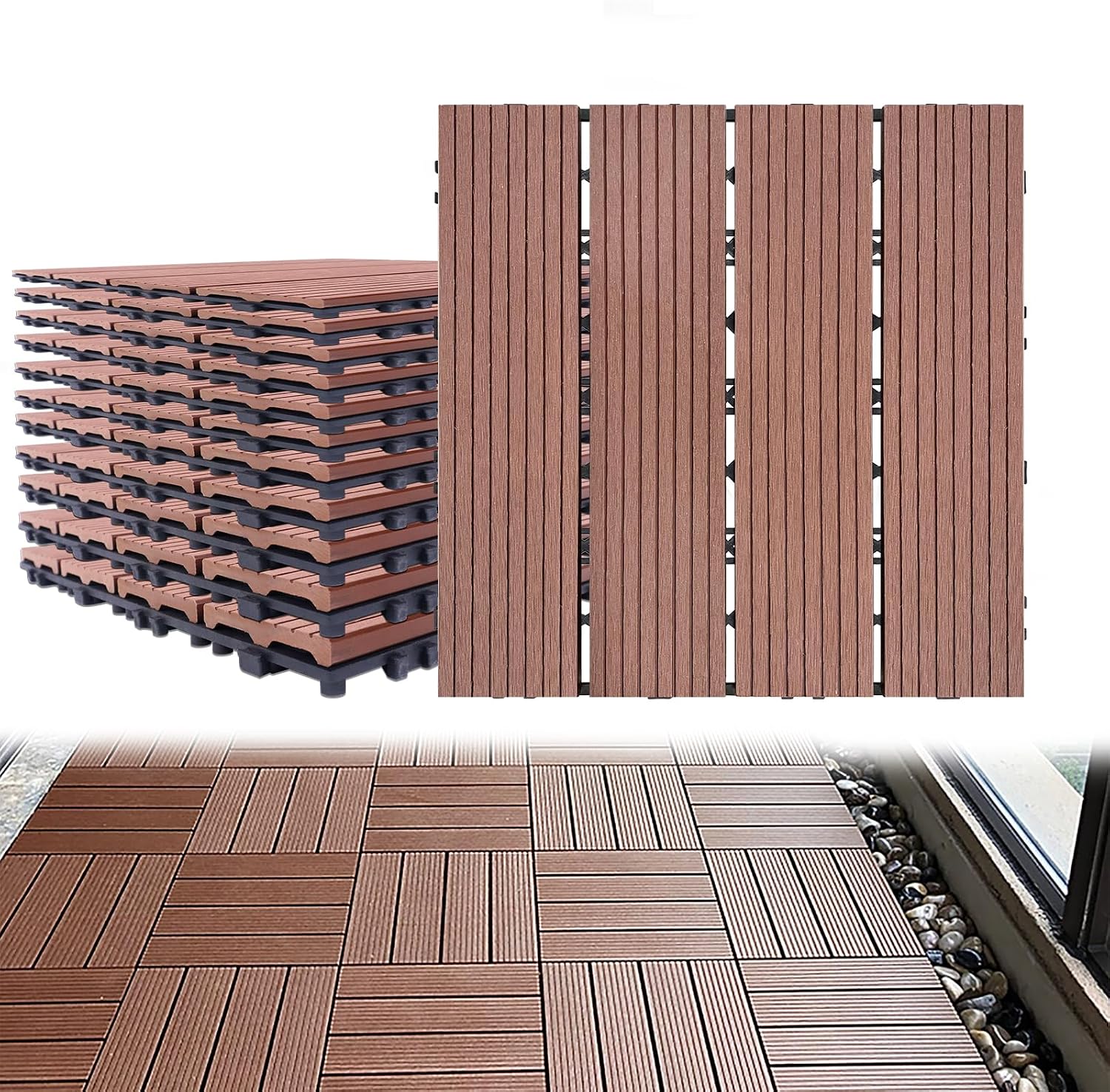 Detalle de Aufun Terrassenfliesen aus WPC mit Klicksystem (22 Stück) 30 x 30 cm – Holzoptik, braun (Type A)