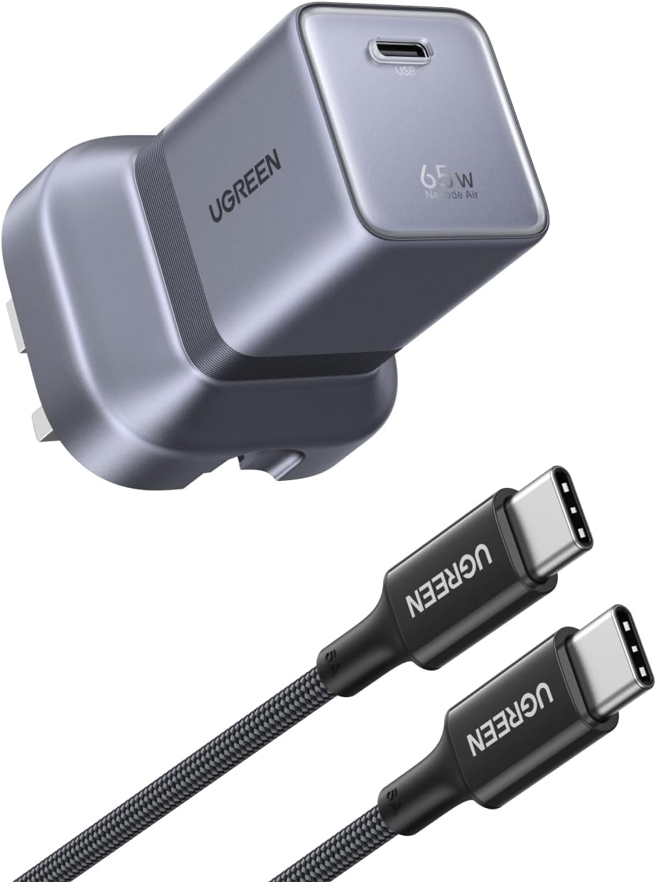 Detalle de UGREEN Nexode Air 65W USB-C Charger with Cable — Ultra Slim GaN Fast Charger for MacBook, iPhone, Galaxy and More (Grey)