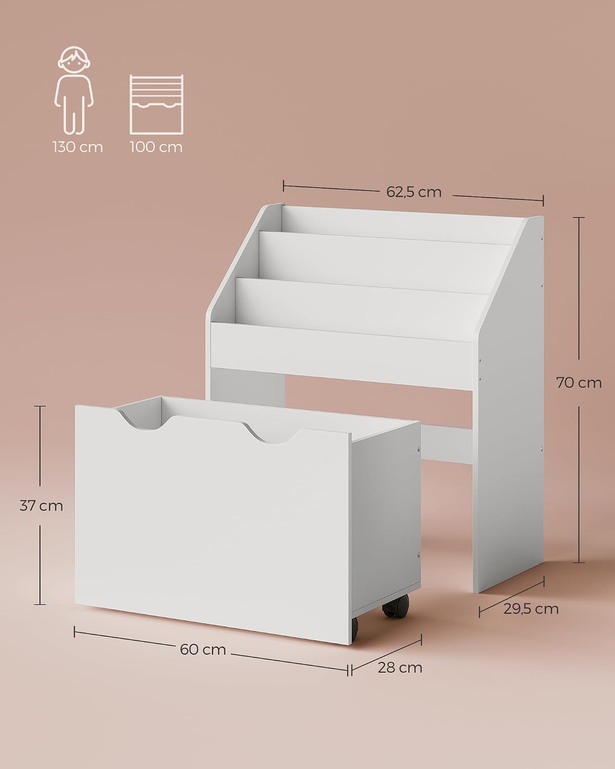 Thumbnail 2 de SONGMICS Scaffale per Giocattoli e Libreria 3 Scomparti con Contenitore Portagiochi a Ruote, Bianco Nuvola GKR041W10