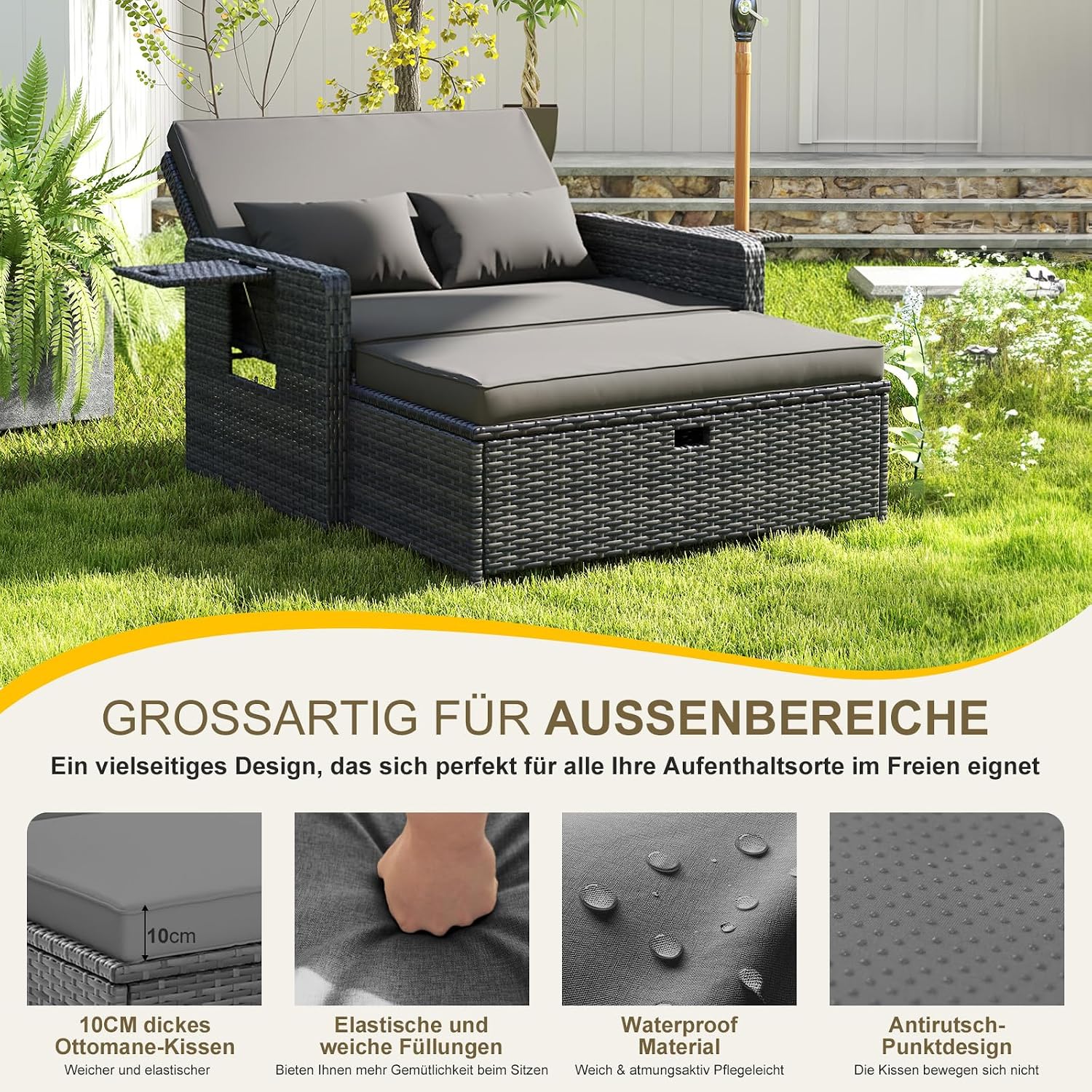 Thumbnail 4 de UDPATIO Rattan Lounge Möbel Outdoor – Verstellbares 2-Sitzer Gartensofa mit Stauraum, Hocker und verstellbarer Rückenlehne