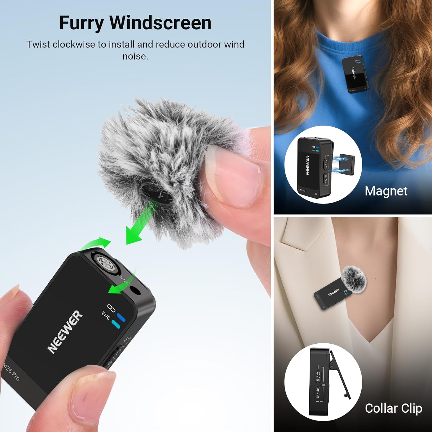 Thumbnail 5 de NEEWER CM26 Pro AI Microphone sans Fil : kit cravate 2 émetteurs + récepteur, réduction du bruit IA, 48 kHz/24 bits, portée 100 m