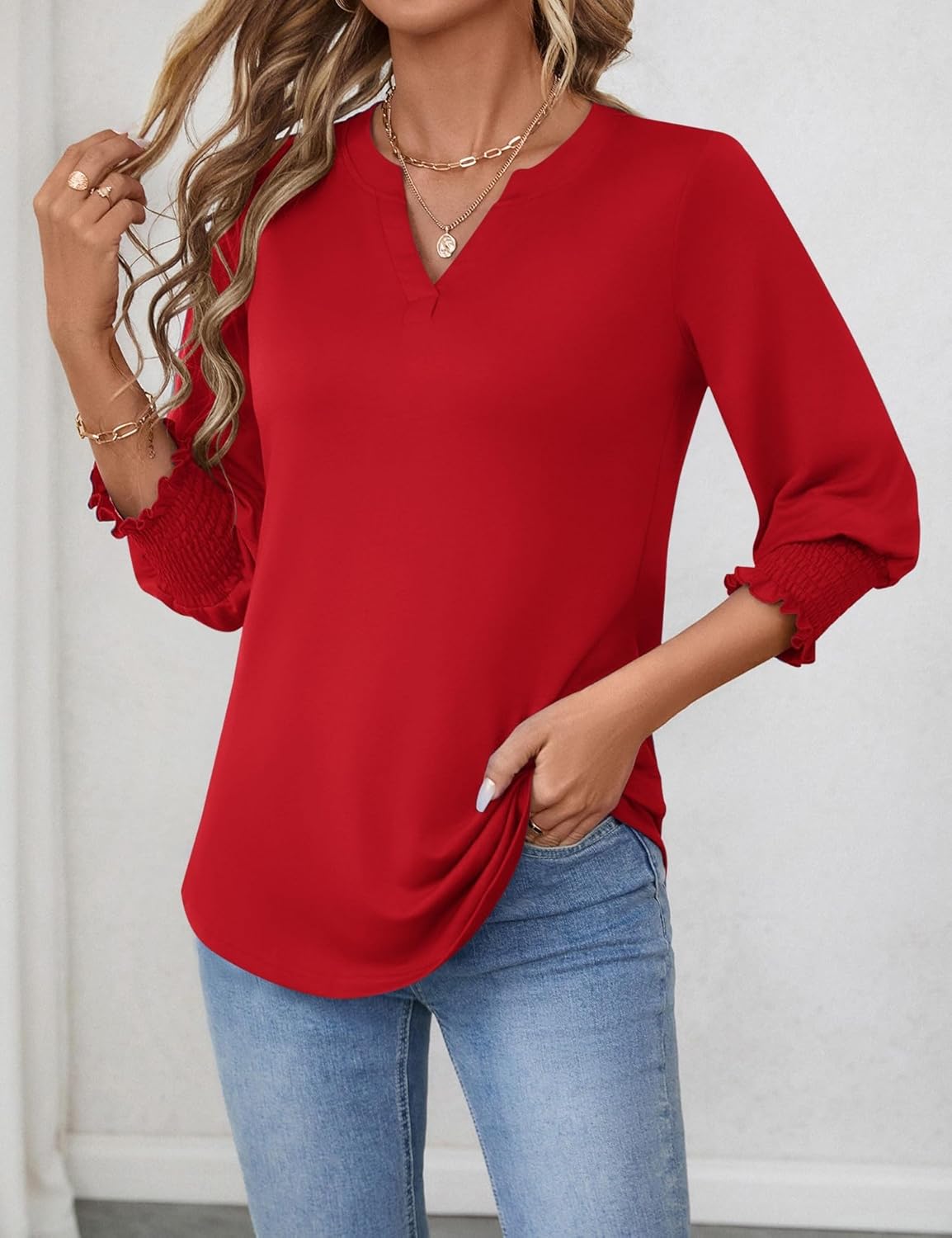 Thumbnail 2 de Rapbin Damen Bluse 3/4 Arm Langarm V-Ausschnitt Tunika Sommer Tops Locker Shirt Elegant Lässig Oberteil Blusen 2026