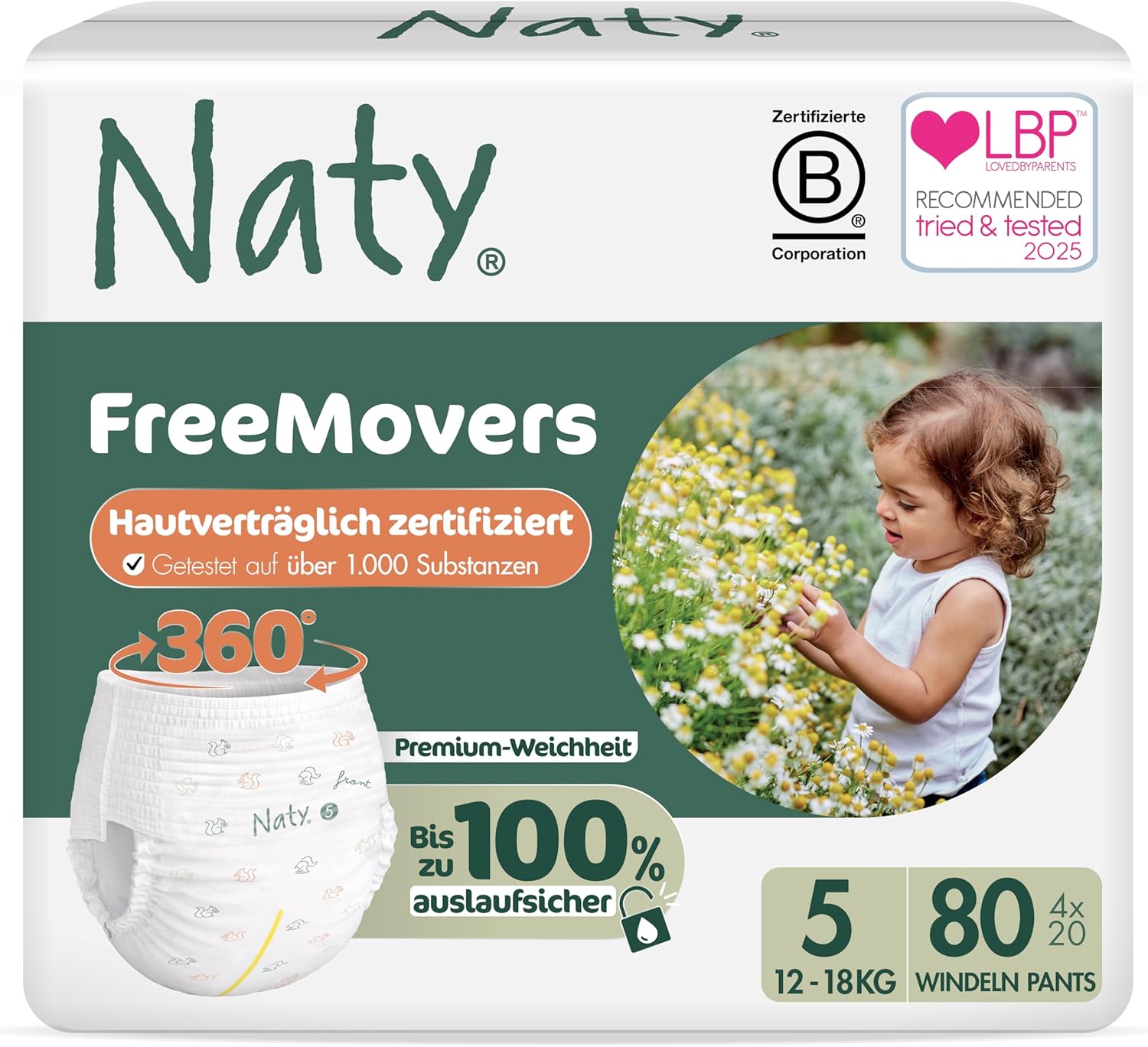 Detalle de Naty FreeMovers Baby Pants Windeln Größe 5 (12–18 kg), 80 Stück – hautverträglich, saugstark & auslaufsicher