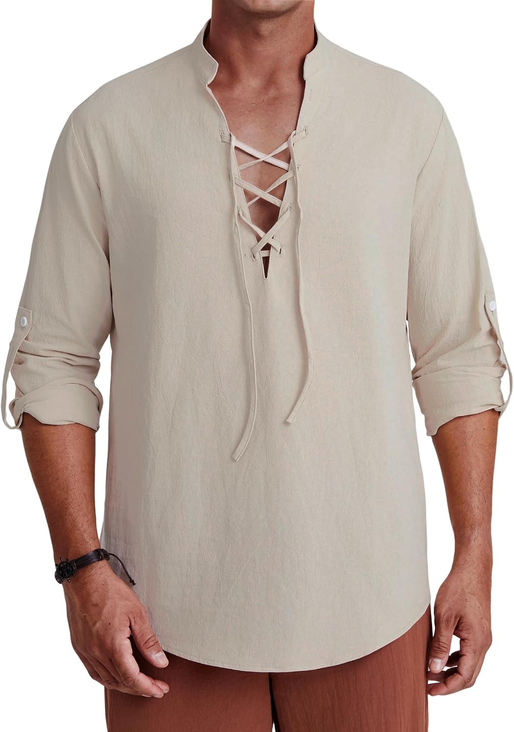 Detalle de Enlision Men's Linen Shirt Classic Lace Up Long Sleeve – Vintage Medieval Inspired