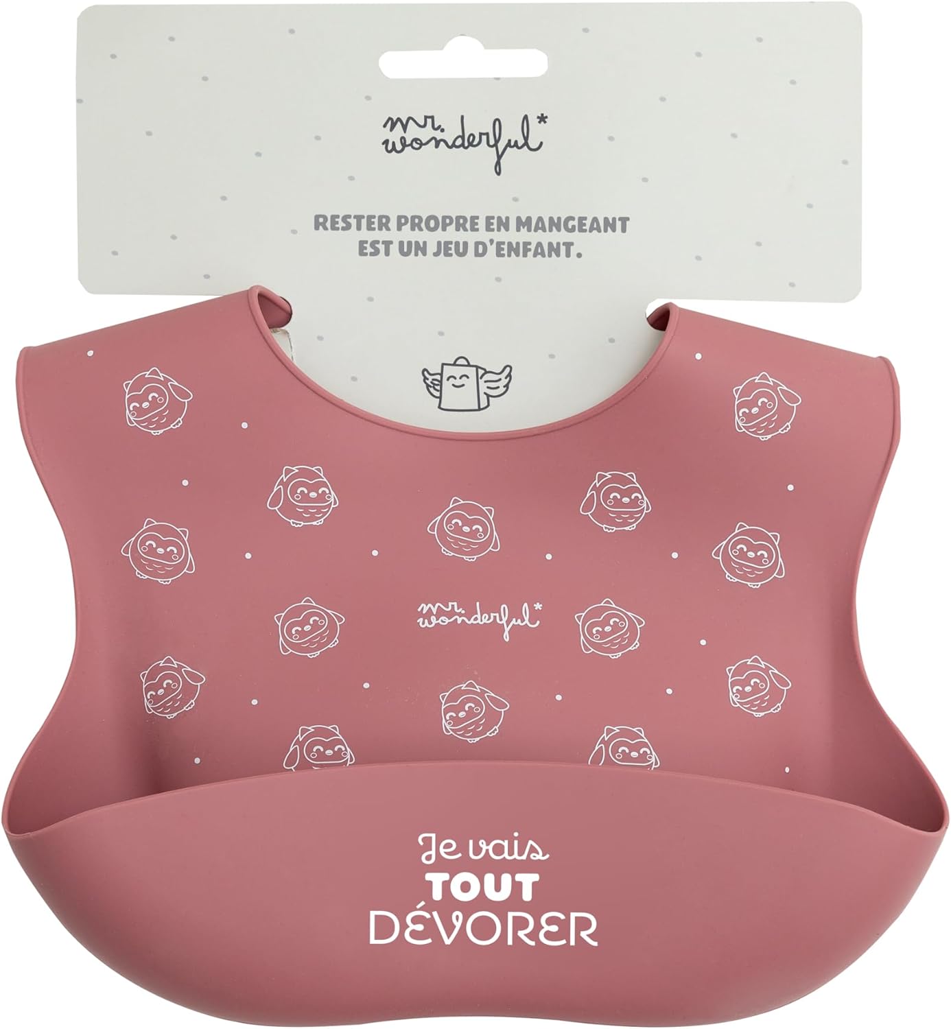Detalle de Mr. Wonderful Bavoir en silicone rose – Je vais tout dévorer, ajustable et inodore