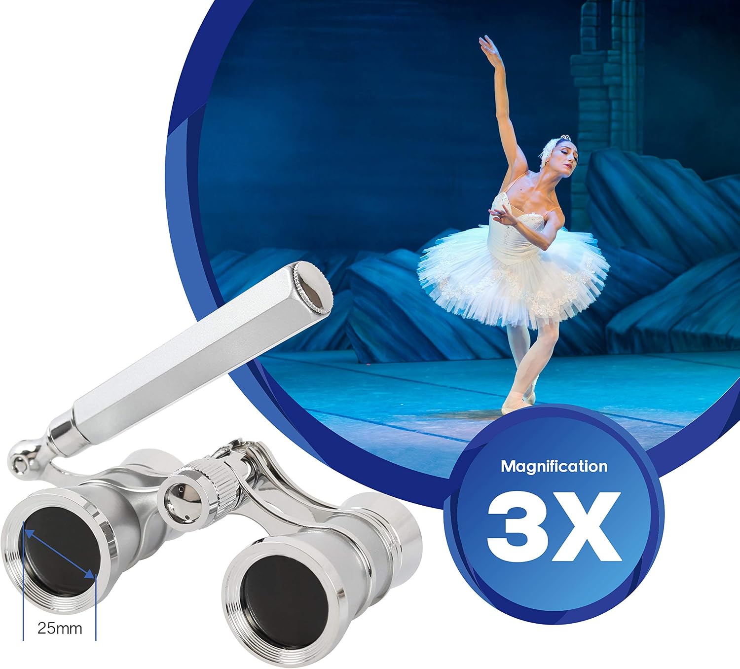Thumbnail 1 de Aomekie Theatre Opera Glasses with Handle 3X25 – Compact Folding Binoculars for Theatre and Horse Racing (Silver)
