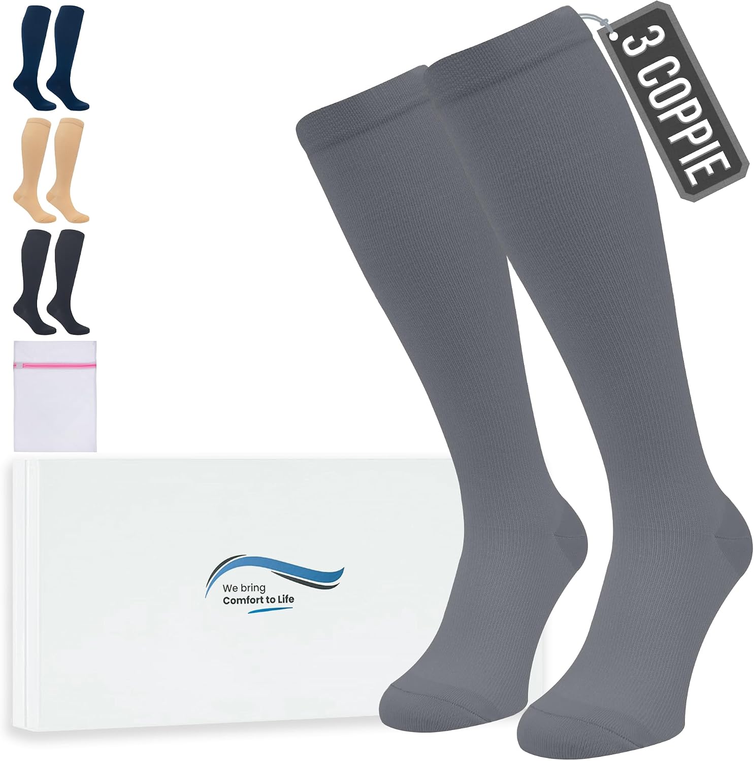 Detalle de 360 Relief Calze Compressione Graduata Donna e Uomo (3 paia) XXL Grigio con borsa lavanderia