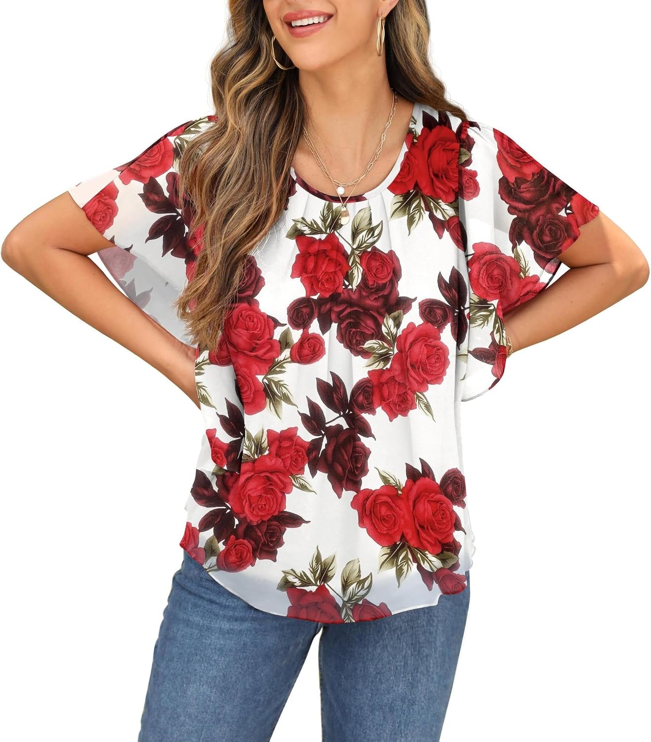 Detalle 2 de QIXING Bluse Damen Kurzarm Chiffon