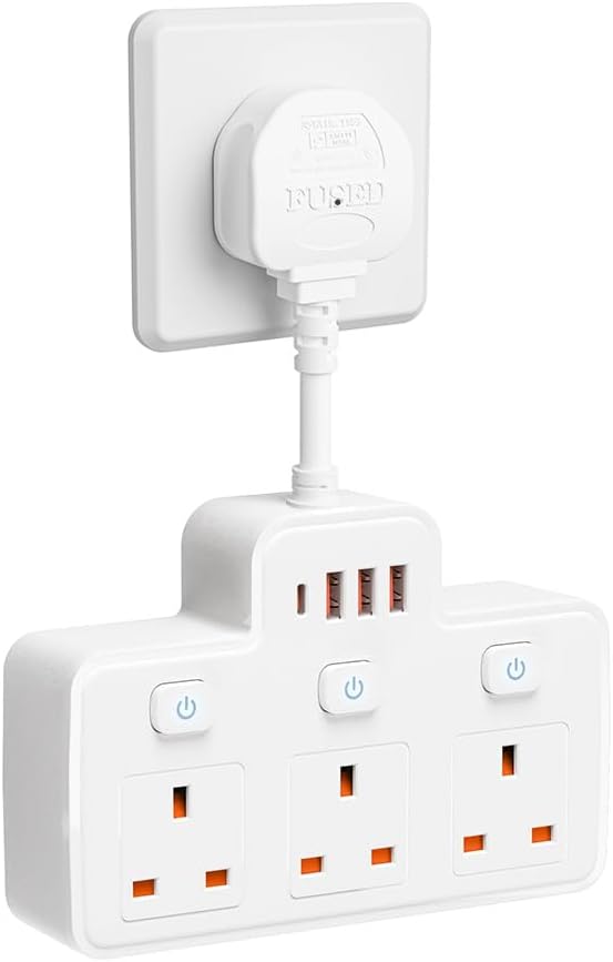 Detalle de Multi Plug Extension with Flexible Plug — 3 Way, USB & Individual Switches (White)