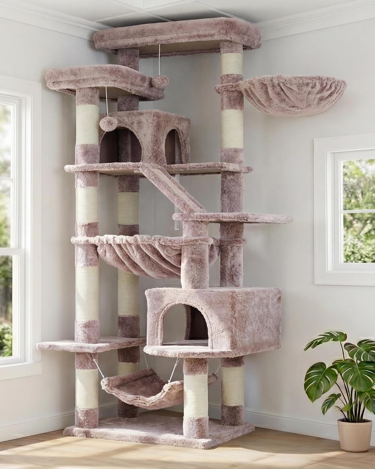 Detalle de Heybly Kratzbaum 180 cm – Hoher Katzenturm mit 2 Plattformen, 2 Schlafhäusern, 2 Hängematten, Korb und Kratzbrett (Braun-Beige) HCT034MU
