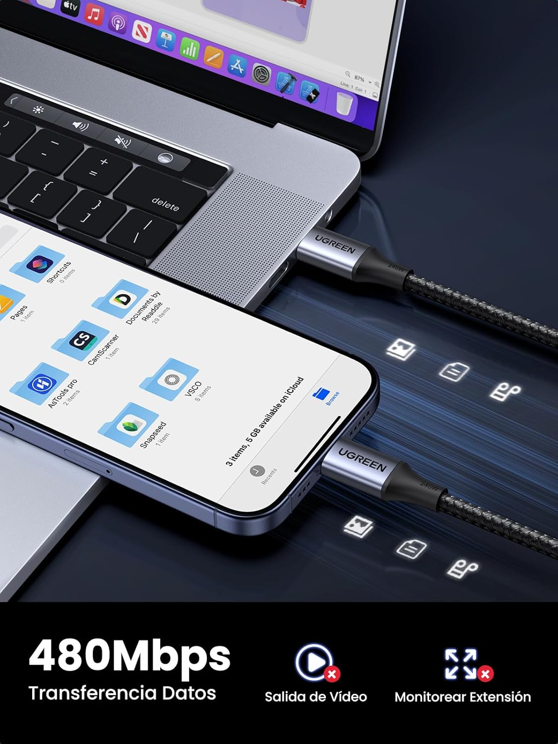 Detalle 1 de UGREEN Cable USB C 240W Carga Rápida para Dispositivos ⚡