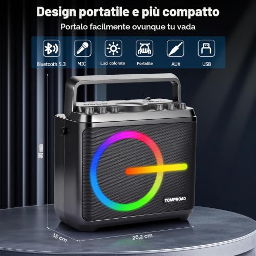 Detalle de Macchina per karaoke TOMPROAD: PA portatile con 2 microfoni wireless, luci LED e Bluetooth