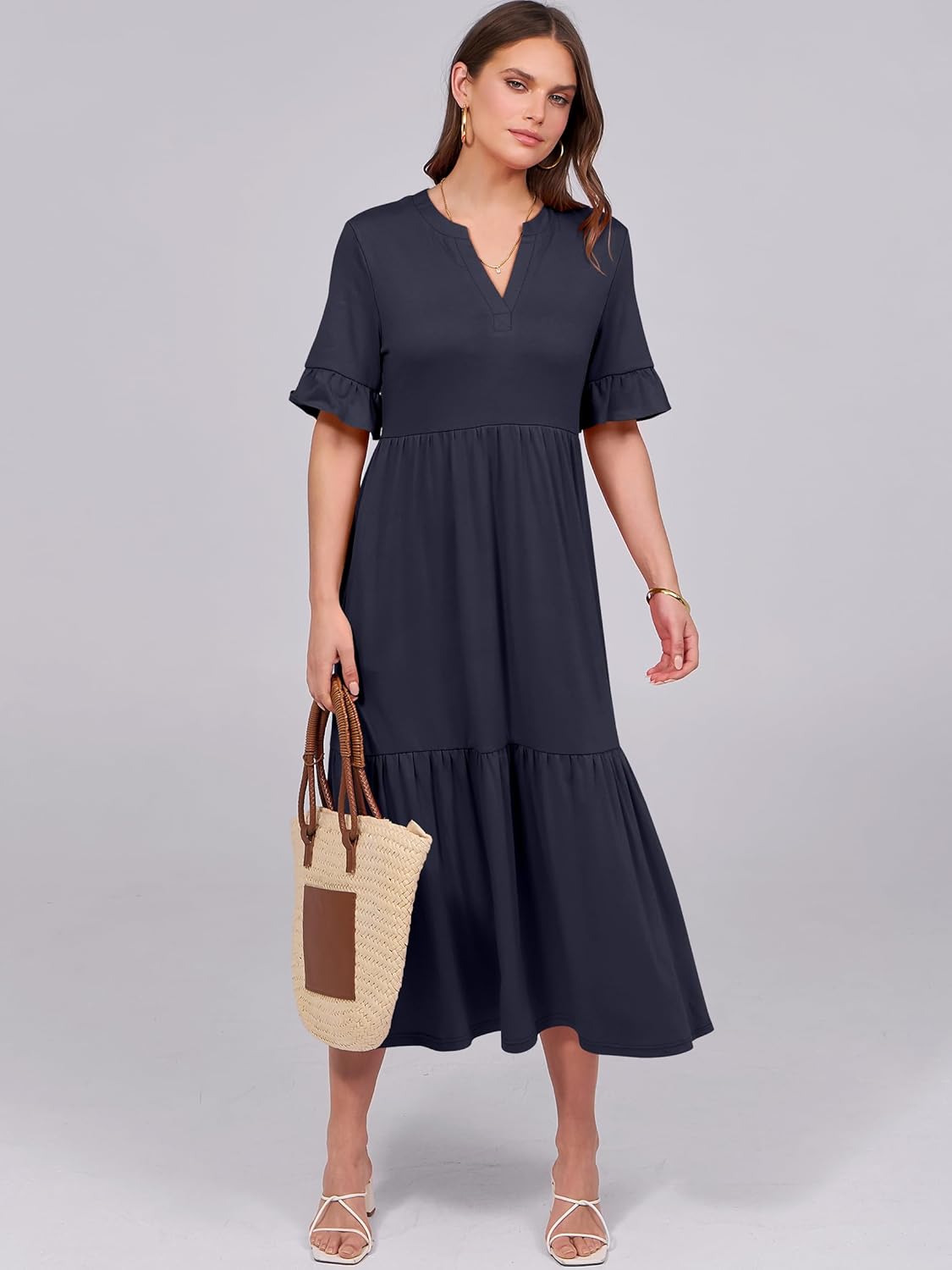 Detalle de ANRABESS Women’s Summer Maxi Dress with Ruffle Short Sleeves, V-Neck & Tiered Skirt