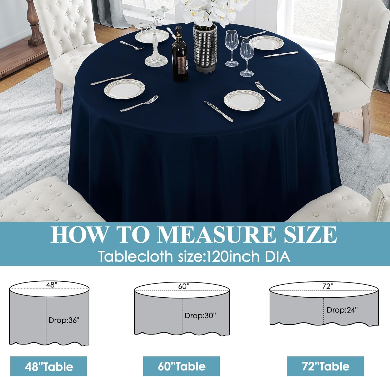 Thumbnail 6 de VidaFete 10-Pack Navy Blue 120-Inch Round Tablecloth (Polyester) for Dining, Parties & Buffets