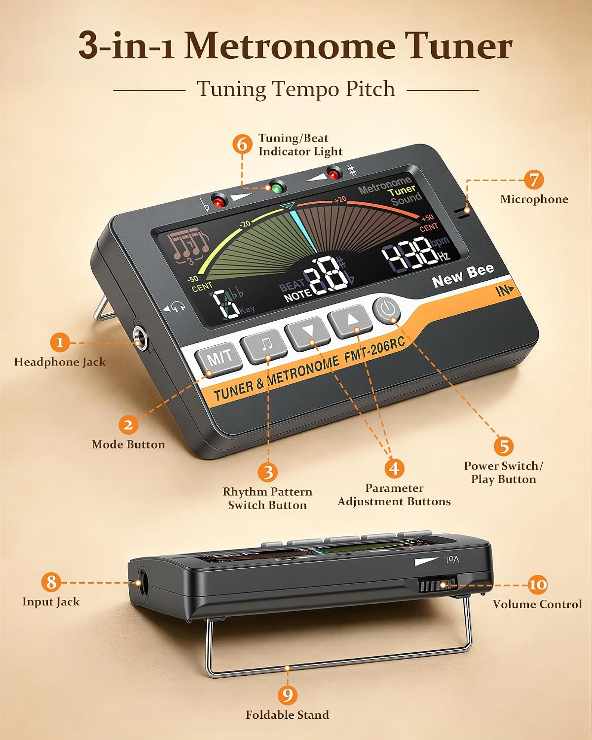 Detalle de New Bee FMT-206RC 3-in-1 Digital Metronome, Tuner and Tone Generator