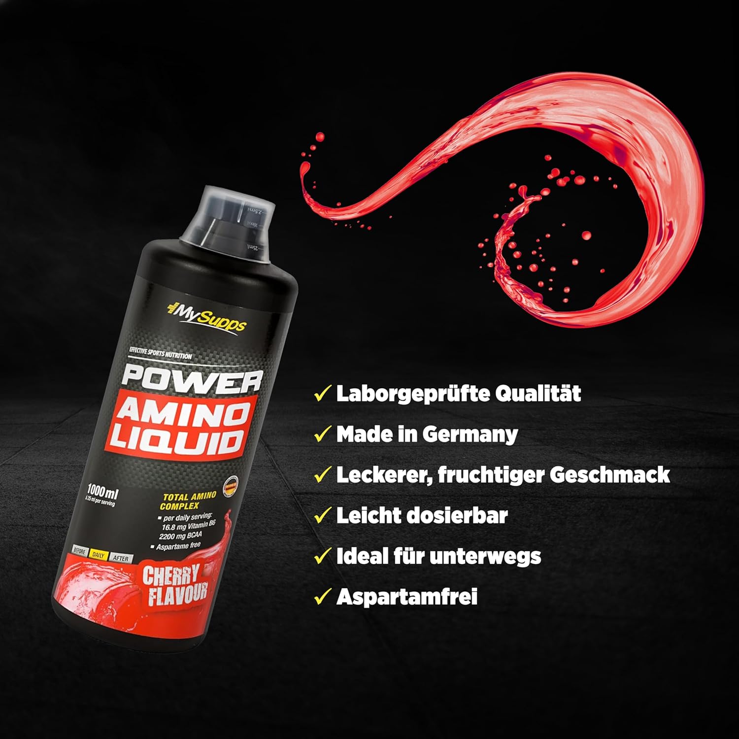 Thumbnail 3 de My Supps Power Amino Liquid 1000 ml Kirsche – flüssiger Aminosäuren-Komplex mit BCAA, EAA & Vitamin B6