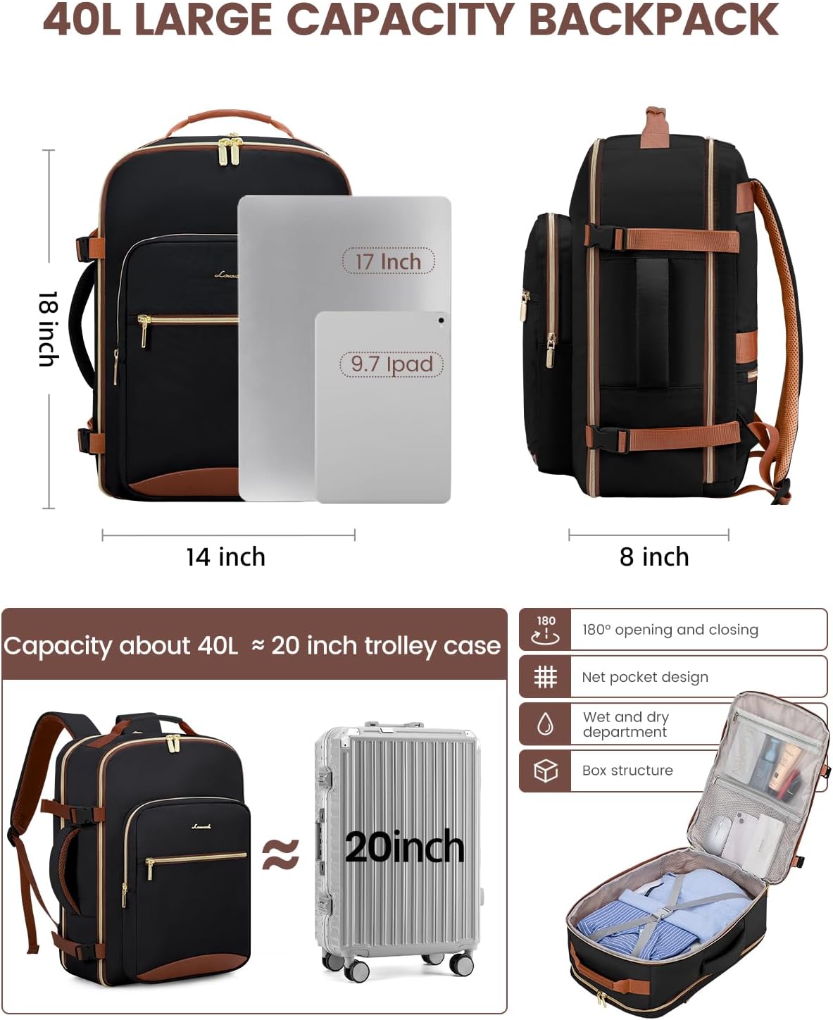 Detalle 2 de LOVEVOOK 40L Travel Backpack Carry-On