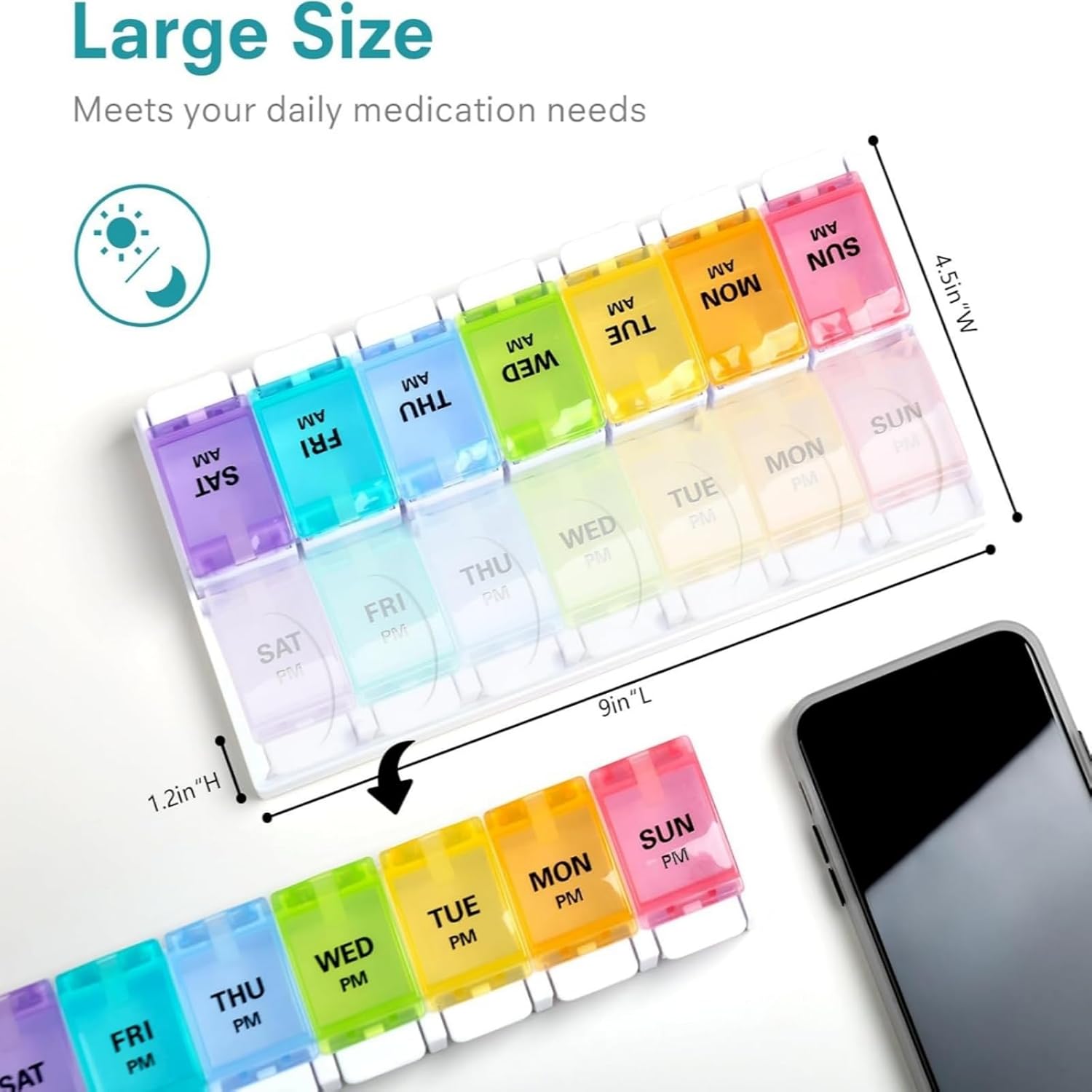 Detalle de Sukuos AM PM Weekly Pill Organizer 2 Times a Day – Large 7 Day Case (Rainbow)