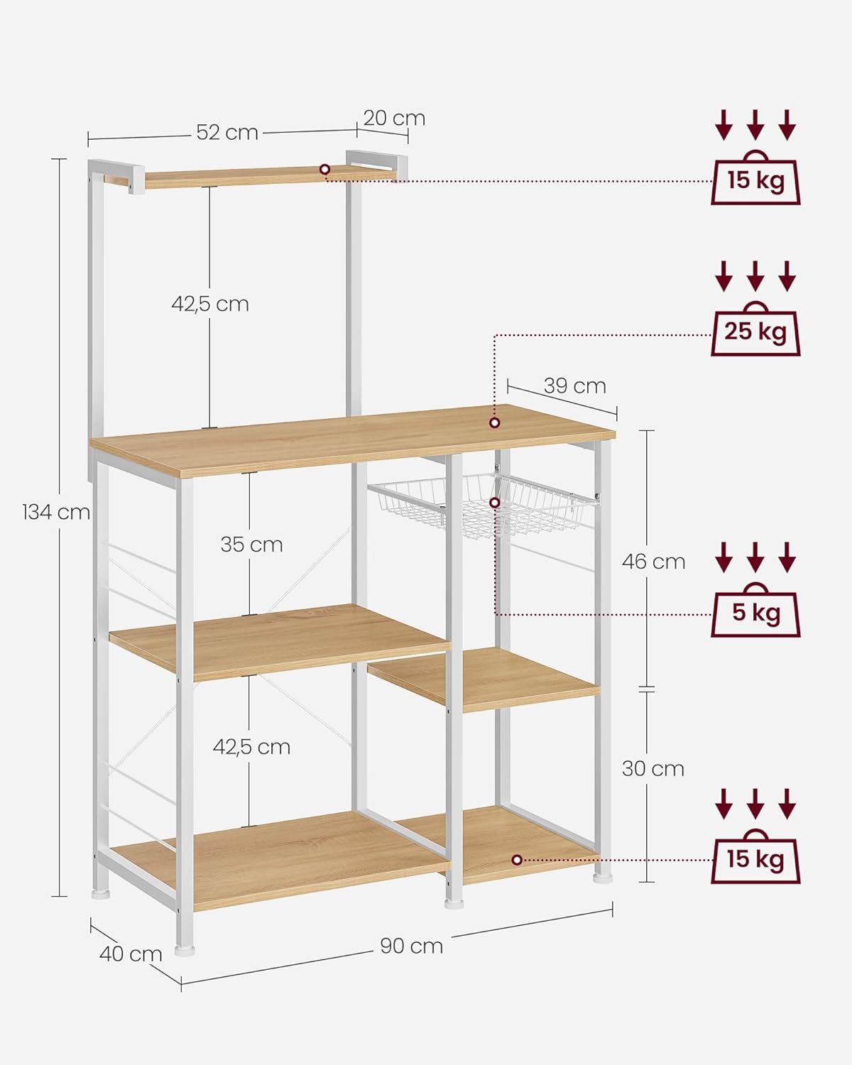 Thumbnail 6 de VASAGLE Scaffale da Cucina KKS035W09 in Rovere Dorato e Bianco: versatile e stabile per microonde e cucina