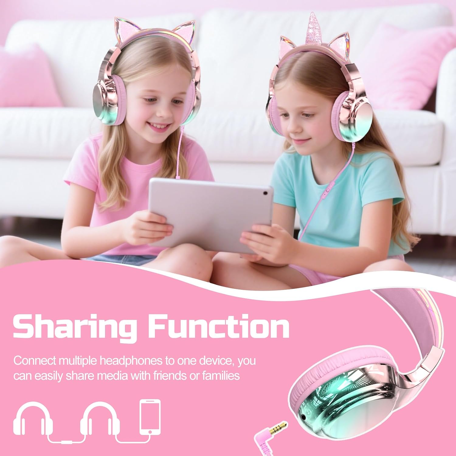 Detalle de Kids cat ear headphones with mic, 85dB