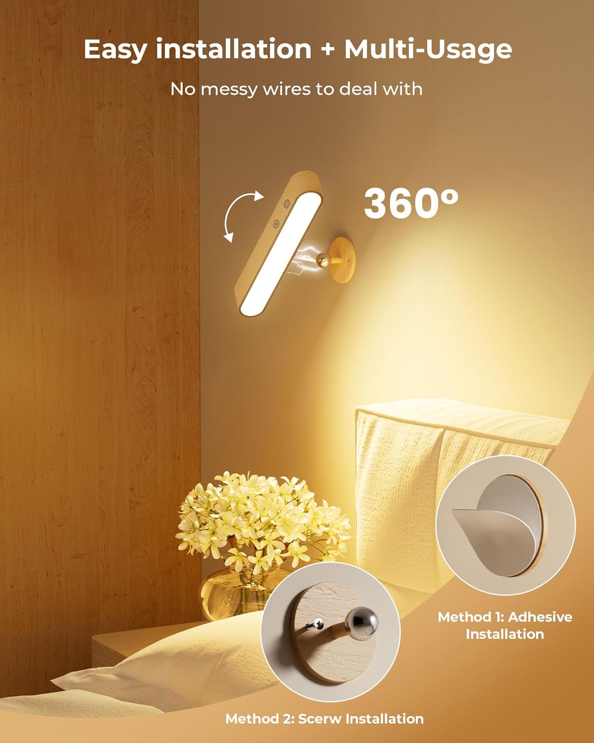 Thumbnail 6 de Rechargeable Wood Battery Wall Sconces Set of Two: Cordless LED Lights with Remote, Touch, 360° Magnetic Rotation and 15 RGB Colours