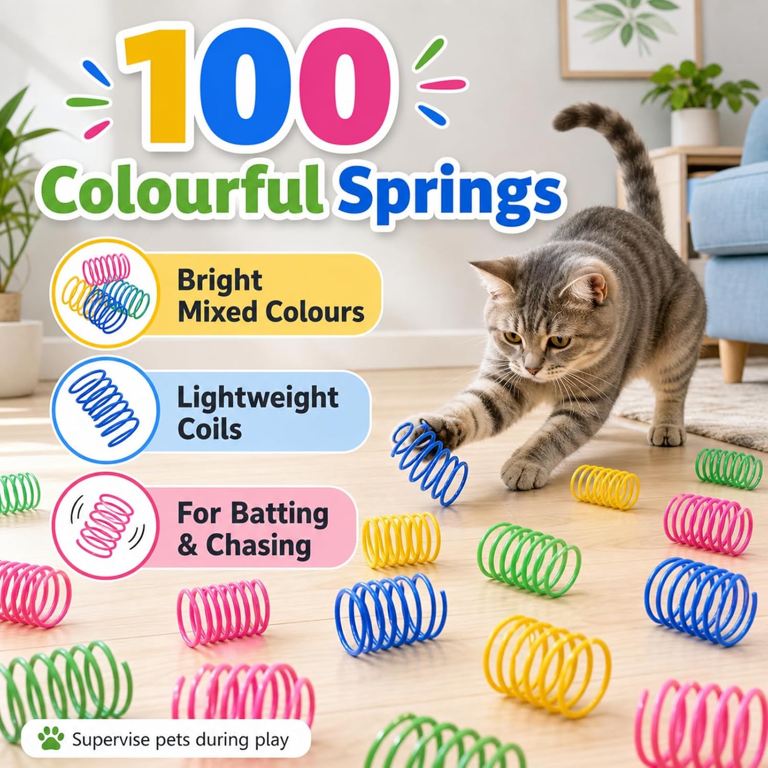 Detalle de RIGHTWELL Colourful Plastic Coil Spring Cat Toys, 100-Pack, Assorted Colours