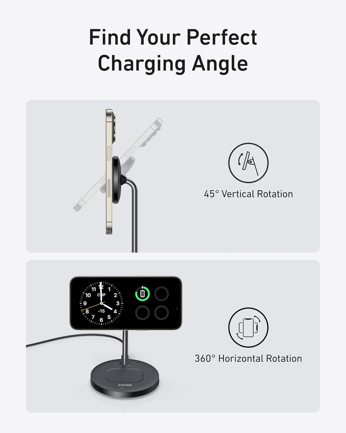 Detalle 2 de Anker MagGo 2-in-1 Wireless Charging Station (MagSafe compatible) with Qi2 15W stand