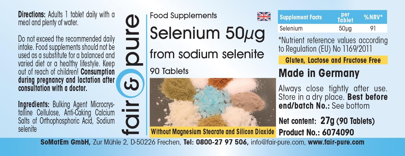Detalle de Fair & Pure Selen 50µg aus Natriumselenit – 90 Tabletten, vegan, schluckfreundlich, hergestellt in Deutschland