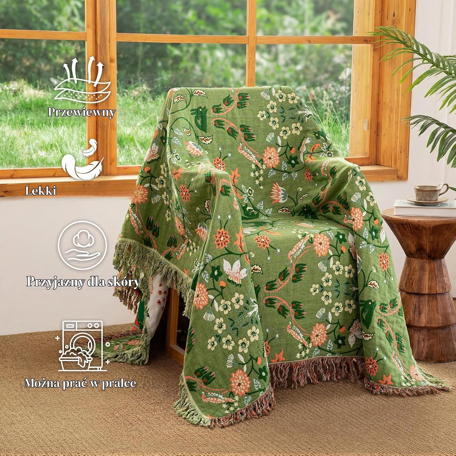 Detalle de Dormilin EU-HA-SZLST-LYXZ-200230 – narzuta boho 200 × 230 cm, dwustronny muślin z frędzlami