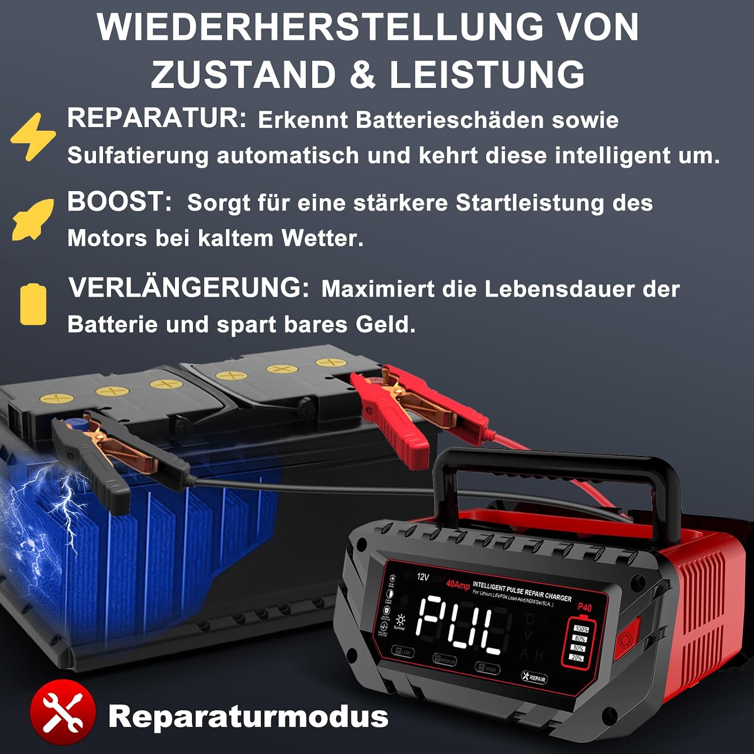 Thumbnail 5 de 40A Autobatterie Ladegerät – 6V/12V/24V LiFePO4 Ladegerät für Auto, Motorrad, Boot und mehr