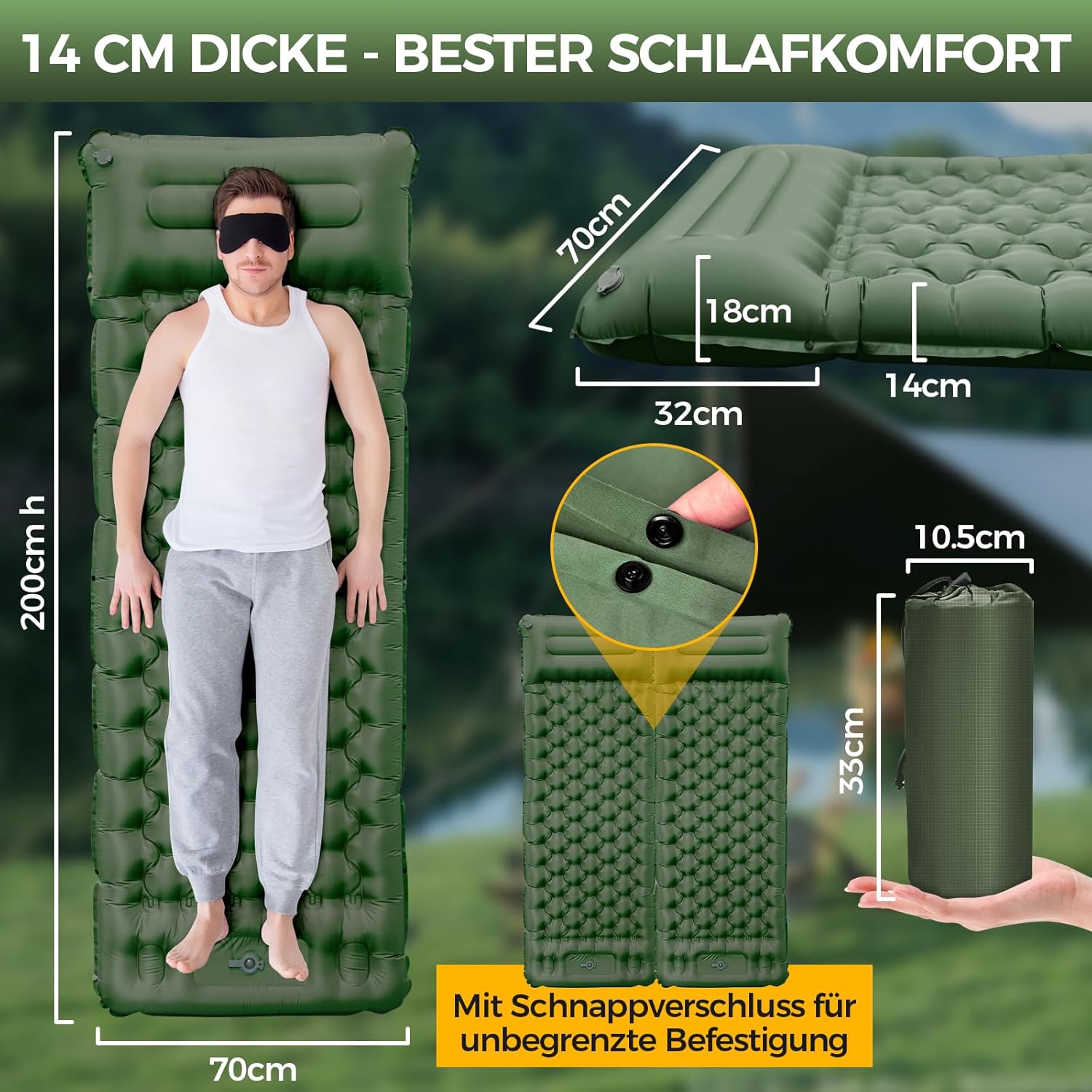 Detalle de NAPASA Isomatte Camping 14 cm – Verdickte, wasserfeste Luftmatratze mit integrierter Fußpumpe und Kissen (Grün)