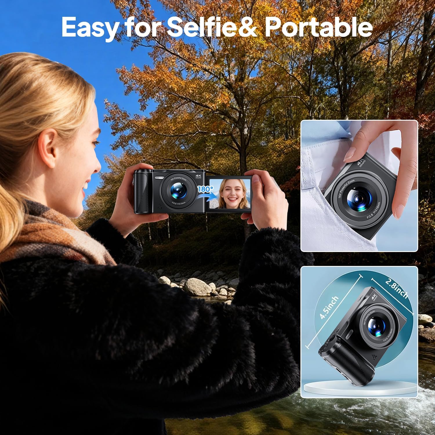 Thumbnail 4 de Focusinc 4K 56MP Digital Camera with 3" 180° Flip Screen, Autofocus & 16x Zoom for Vlogging