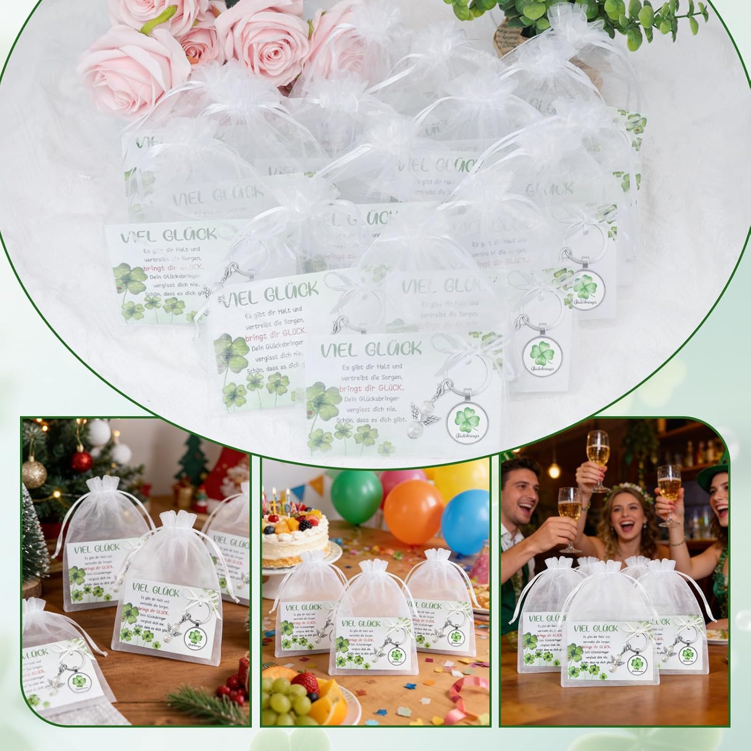Detalle de Epaing 15er Glücksbringer Schlüsselanhänger Set – Vierblättriges Kleeblatt & Schutzengel als DIY-Geschenk