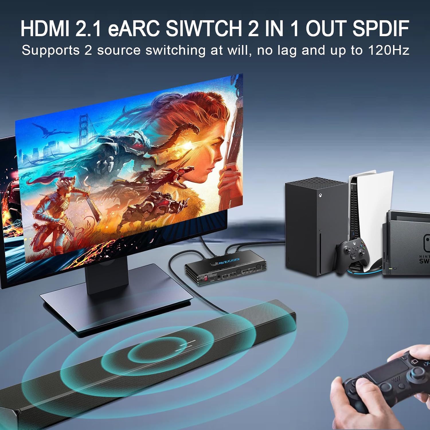 Thumbnail 2 de Extracteur audio HDMI 2.1 eARC 8K@60Hz / 4K@120Hz 2x1 avec switch vidéo et ARC/eARC (7.1/5.1) – EDID, VRR/ALLM