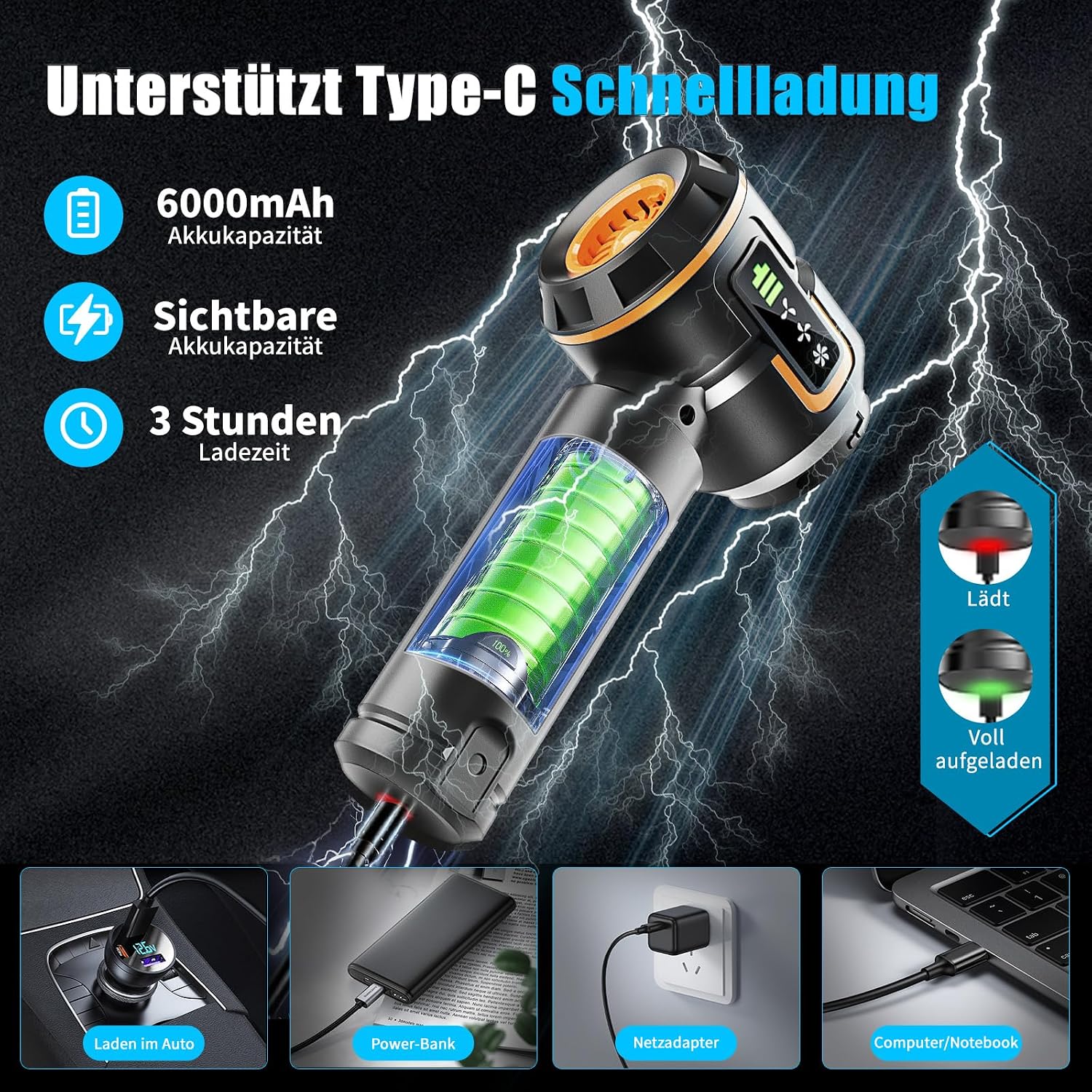 Detalle de Aspirapolvere Auto - 23000Pa, Senza Fili, 6000mAh: Potenza Portatile 3 Velocità e Funzioni Multiple
