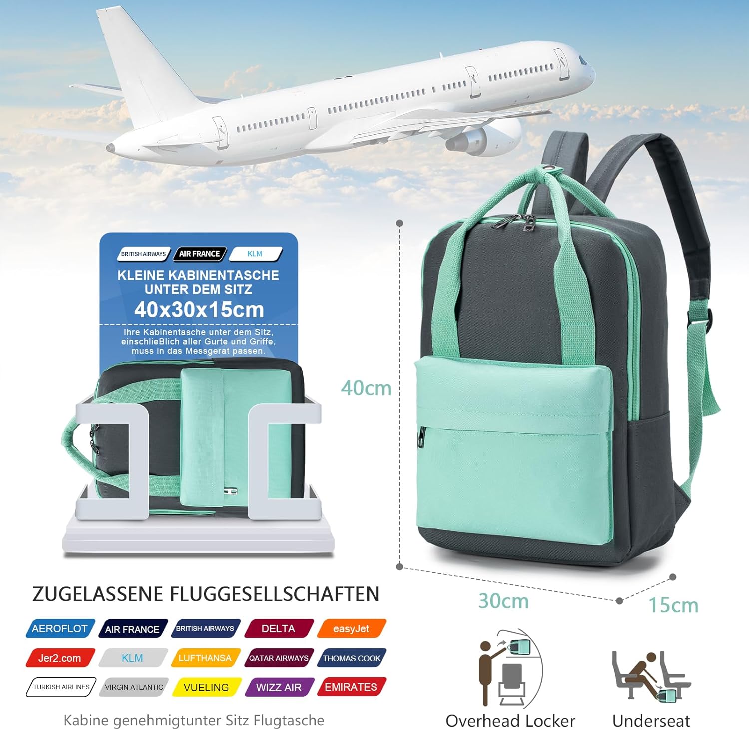 Thumbnail 1 de SUCIKORIO 40x30x15cm Travel Backpack Underseat Cabin Bag