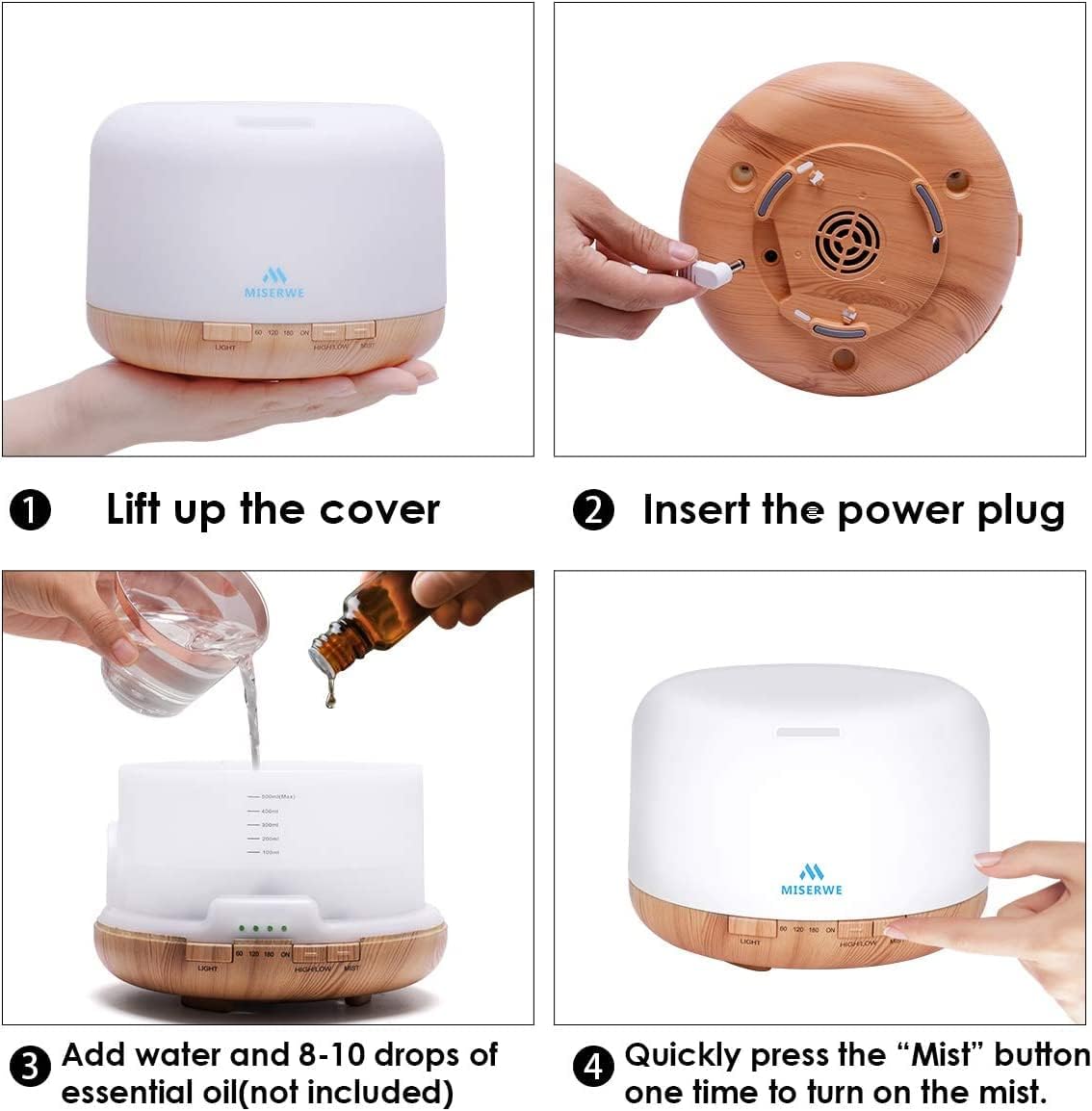 Detalle de MISERWE YX-168 500 mL Essential Oil Diffuser with Remote and 7-Colour LED