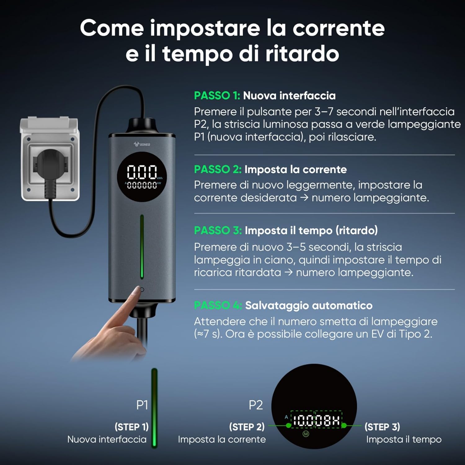 Detalle 2 de GONEO Cavo Ricarica Auto Elettrica Tipo 2 Schuko 16A 3,68kW monofase, 5 m con sensore di temperatura e protezione CA/CC