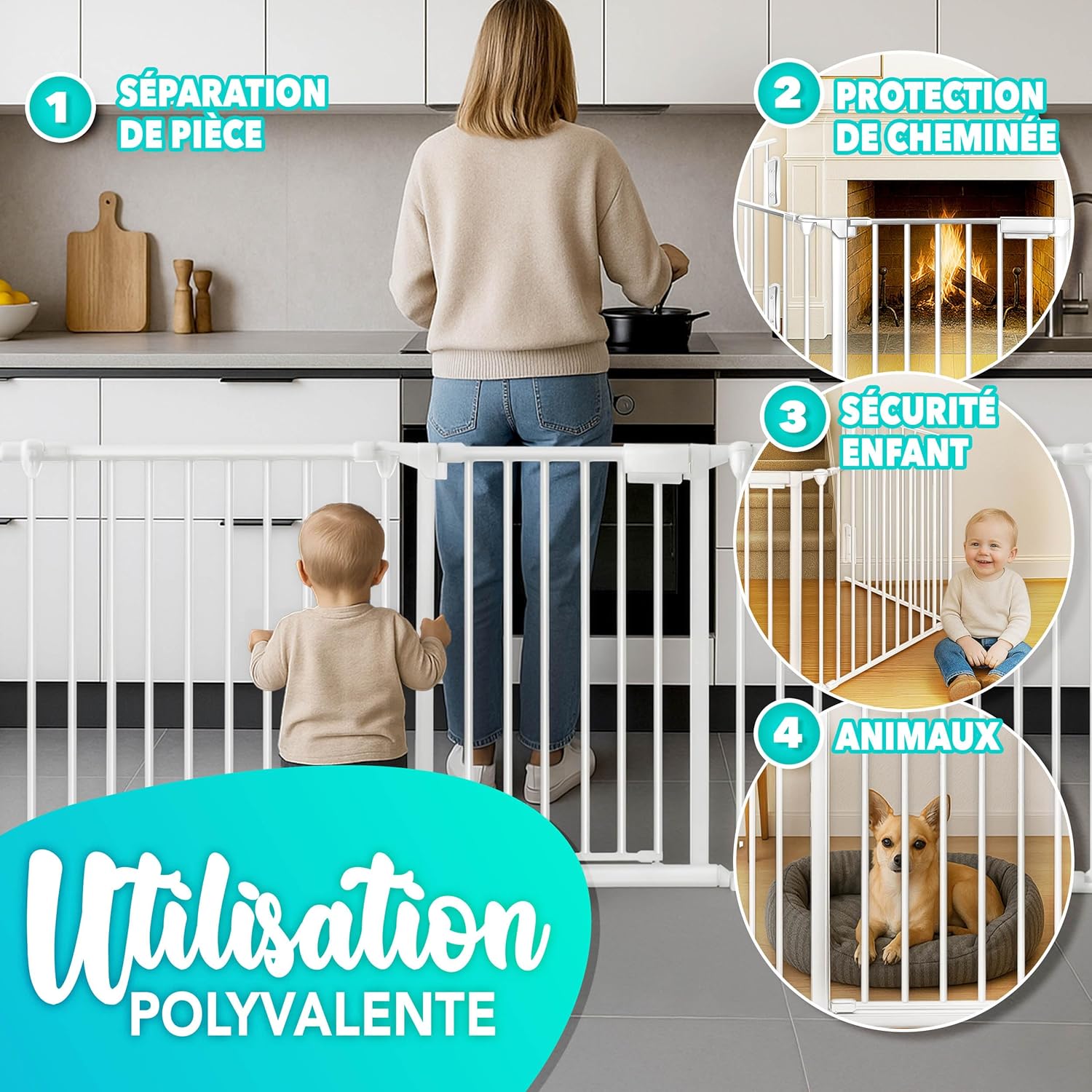 Thumbnail 5 de KIDUKU Barrière de sécurité enfant pour cheminée, version grande 480 cm, grille métal pliable avec porte (8 éléments)