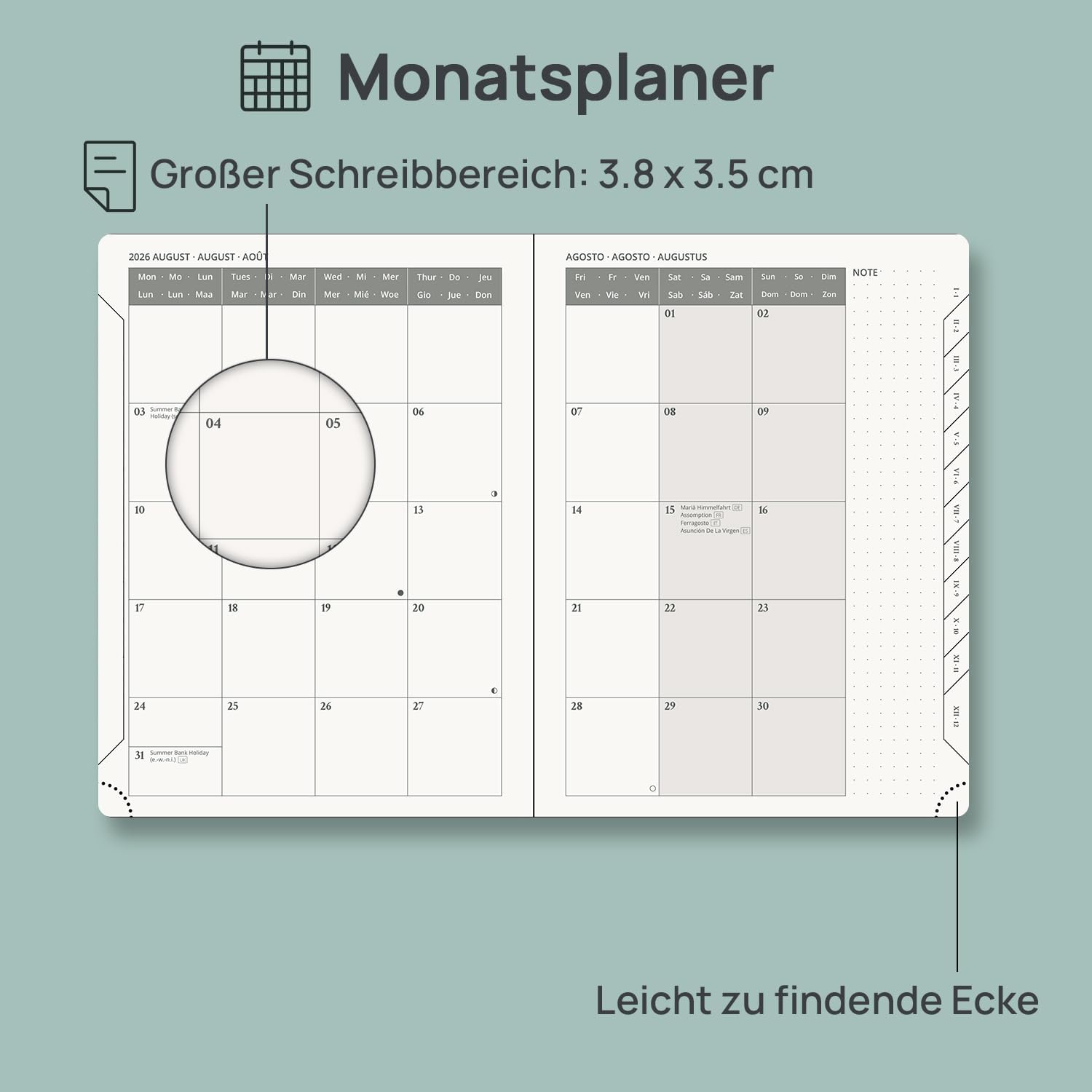 Detalle 2 de POPRUN Kalender 2026/2027 – Buchkalender und Notizbuch im A5-Format, Wochenplaner mit PU-Leder in Petrolgrün