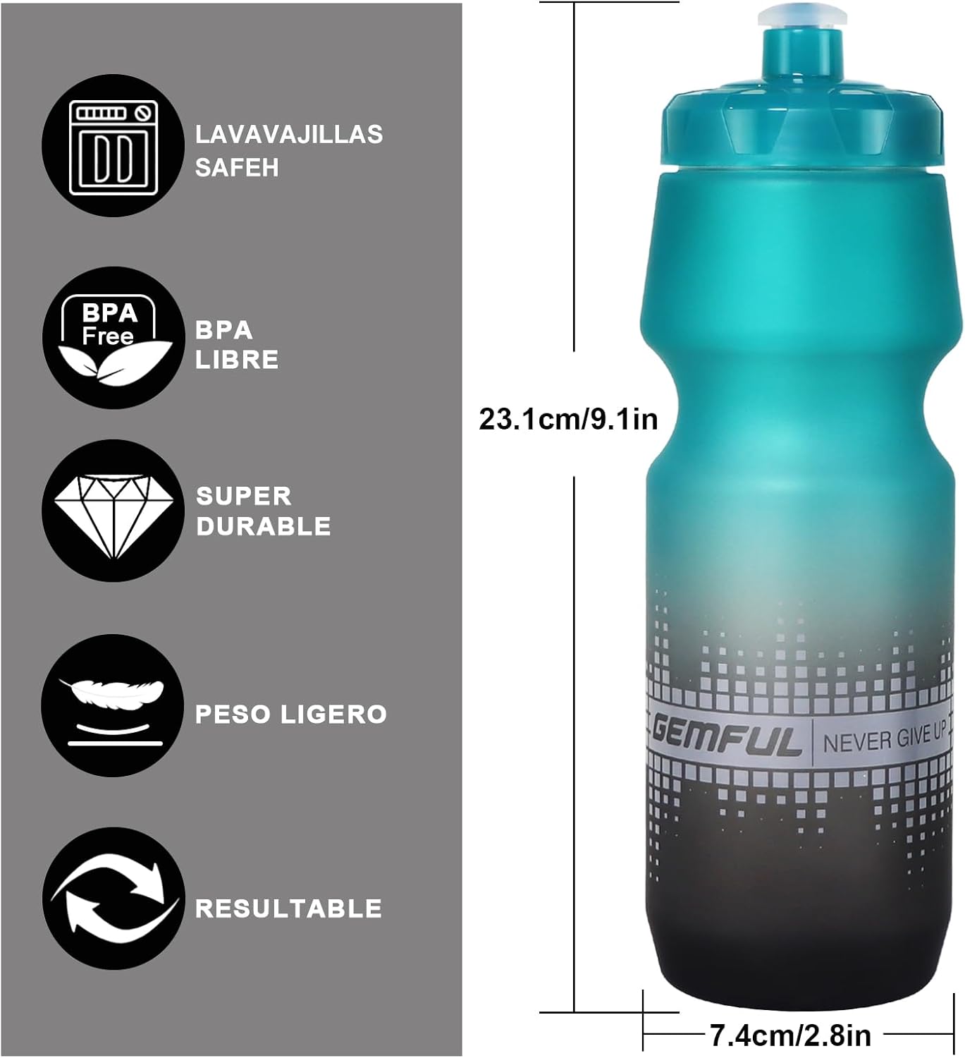 Detalle de GEMFUL Rennrad-Trinkflasche 750 ml – auslaufsicher, BPA-frei, für Sport & Outdoor