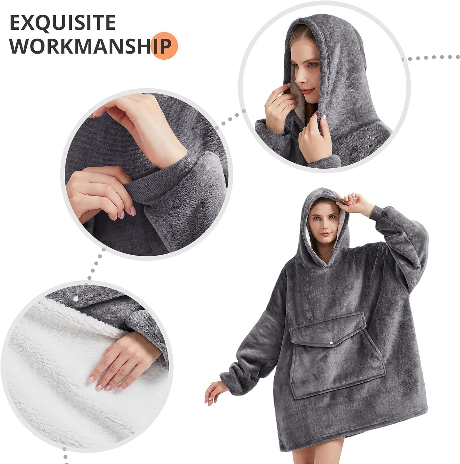 Detalle 2 de YUGYVOB Oversized Blanket Hoodie, Sherpa Fleece, Giant Pocket, Dark Grey