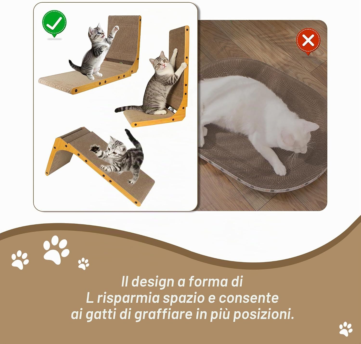 Detalle 2 de 68 cm Tiragraffi Cartone per Gatti a Forma di L – XXL, con Palla Sonagliante e Protezione per Pareti