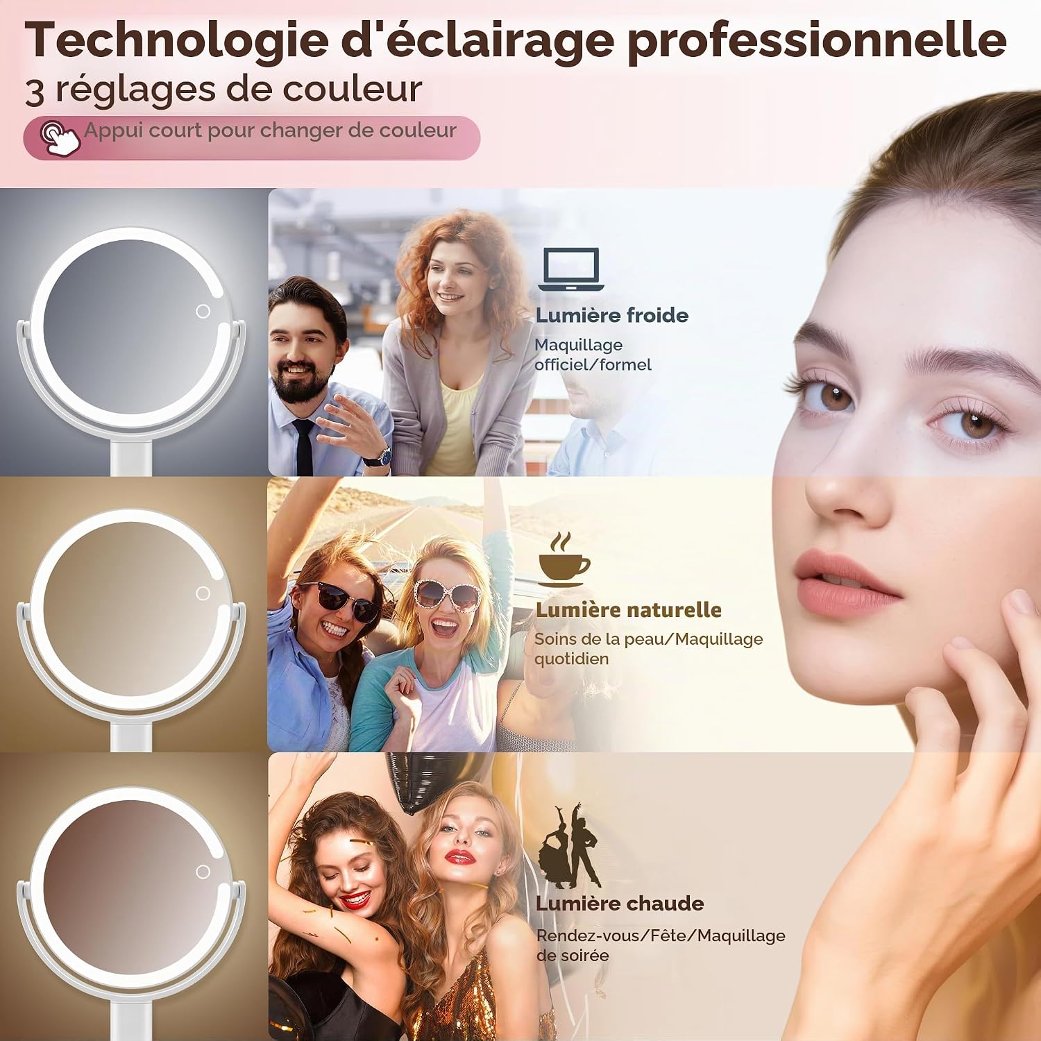 Thumbnail 1 de MOMOKUBA miroir cosmétique éclairé – 20x, double face, hauteur réglable, rotatif 360°, 3 couleurs lumineuses