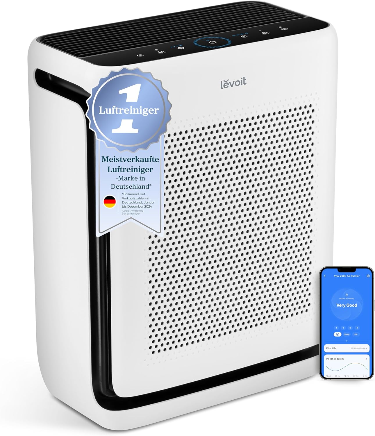 Detalle de Levoit Luftreiniger Allergiker mit Tiermodus – bis zu 87 m², HEPA 99,97%, VeSync App, Alexa/Google Assistant