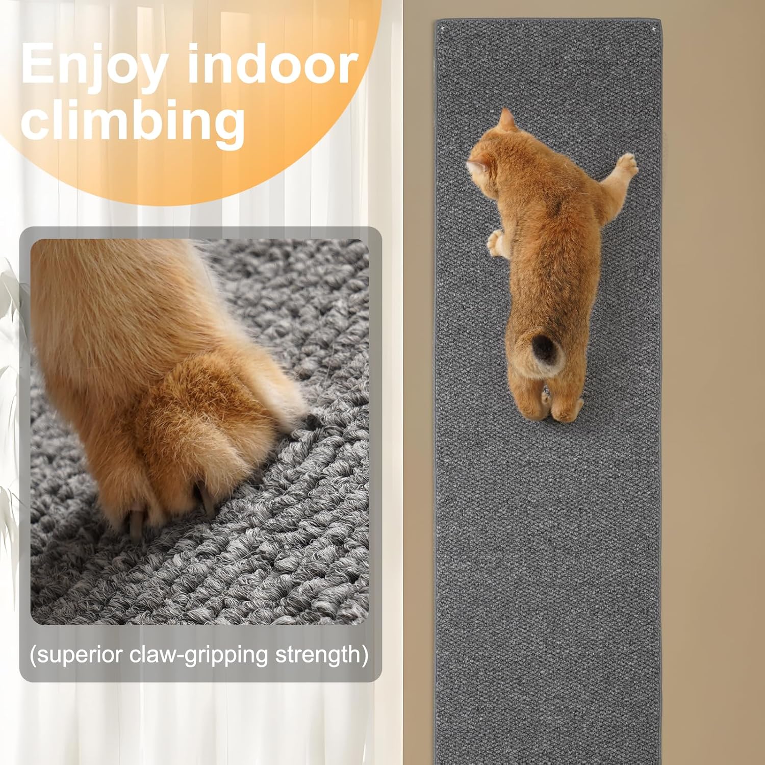 Detalle de Uross Cat Climbing Wall Carpet 200x40cm: Scratch-Resistant Wall Scratcher for Indoor Cats